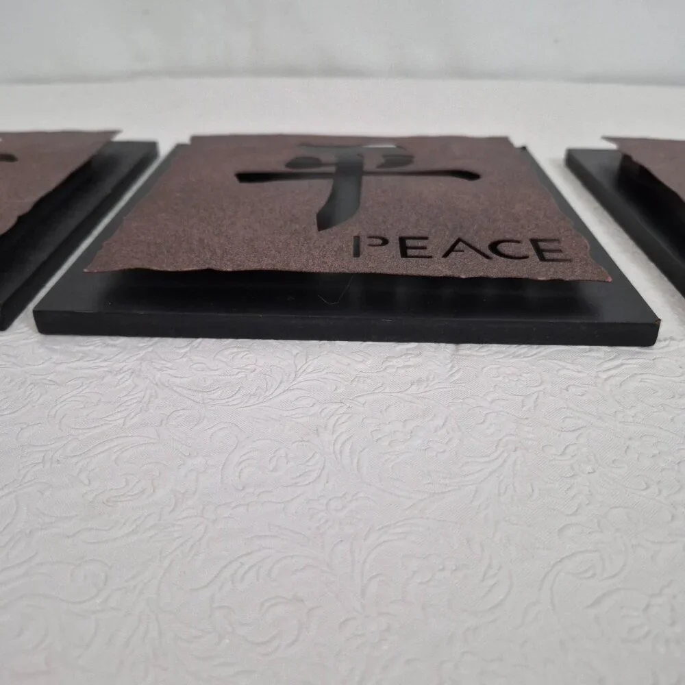 Chinese Asian Wood Metal Laser Cut Wall Art Hope Peace Harmony Brown Black